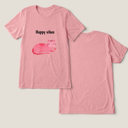 Pink Kitty Cat Happy Vibes Tri-Blend Shirt (Ontwerp Voorkant & Achterkant)