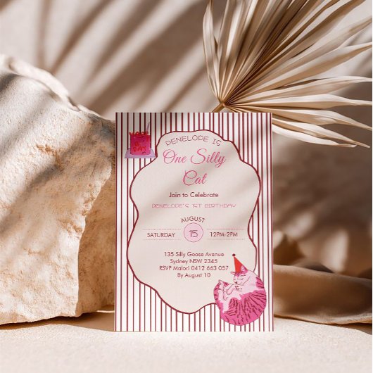 Pink Kitty Party One Silly Cat 1st Birthday Kaart