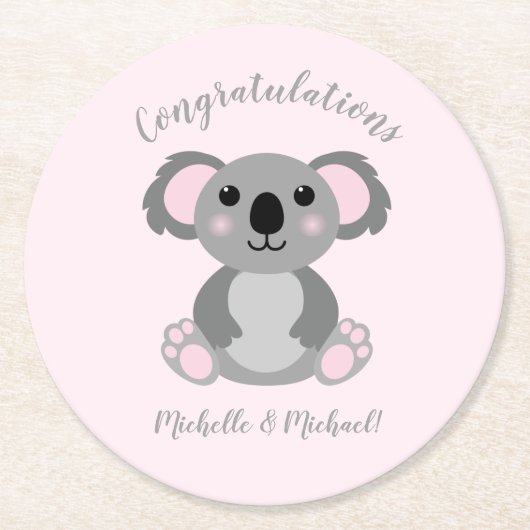 Pink Koala Beer Baby shower Ronde Kartonnen Onderzetter (Voorkant)