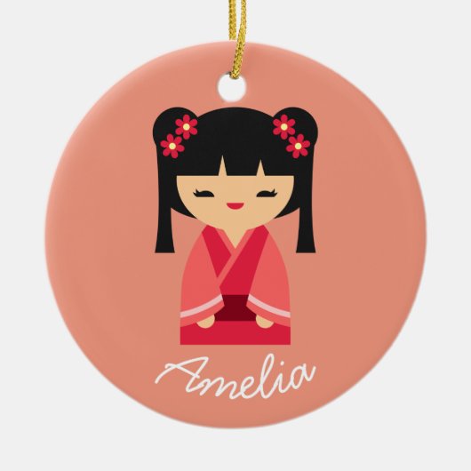 Pink Kokeshi Japanse poppen Keramisch Ornament (Voorkant)