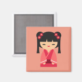 Pink Kokeshi Japanse poppen Magneet (Voorkant / Achterkant)