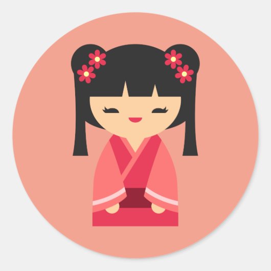 Pink Kokeshi Japanse poppen Ronde Sticker (Voorkant)