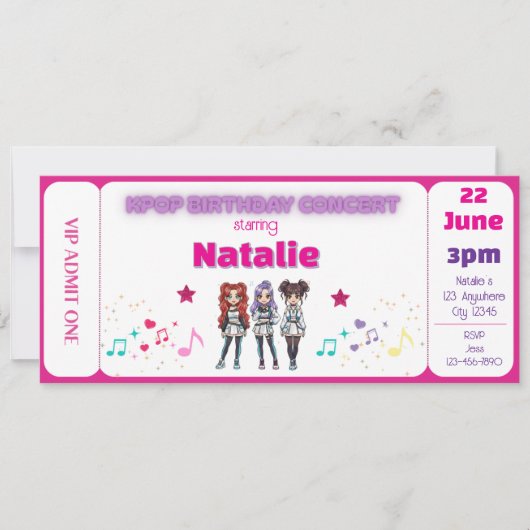 Pink KPOP Birthday Concert Ticket Kaart (Voorkant)