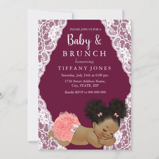 Pink Lace Burgundy Baby shower Brunch Kaart (Voorkant)