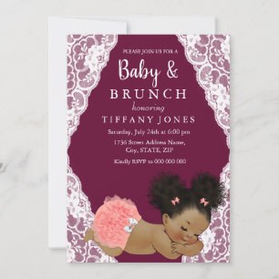 Pink Lace Burgundy  Baby shower Brunch Kaart