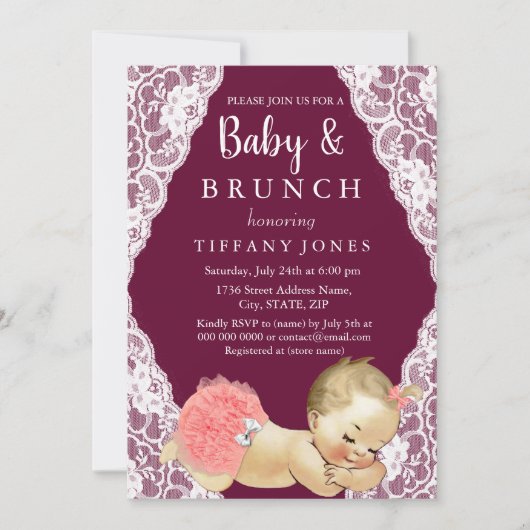 Pink Lace Burgundy  Baby shower Brunch Kaart (Voorkant)