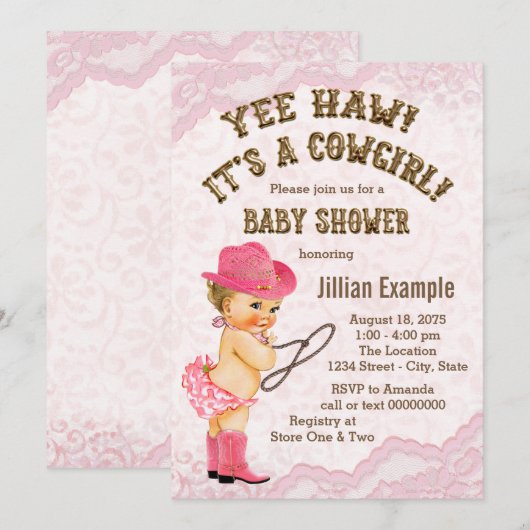 Pink Lace Cowgirl Baby shower Kaart (Voorkant / Achterkant)