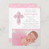 Pink Lace Diamond Cross Foto doop doop doopsel Kaart (Voorkant / Achterkant)