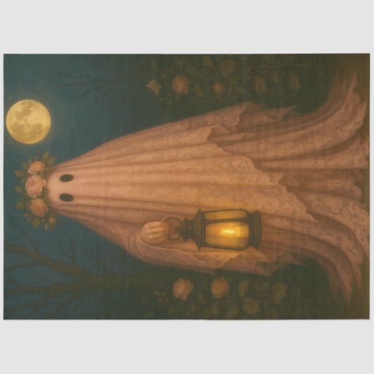 Pink Lace Ghost met Lantaarn – Whimsical Gothic Tissuepapier (Voorkant)