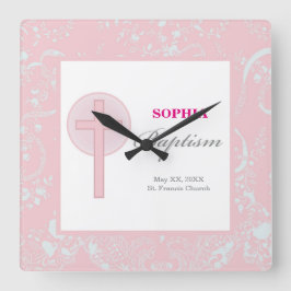 Pink Lace Girl Baptisme Vierkante Klok