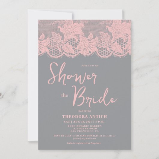 Pink Lace Grey Bridal Shower Invitation Kaart (Voorkant)