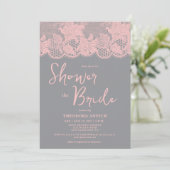 Pink Lace Grey Bridal Shower Invitation Kaart (Staand voorkant)