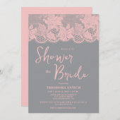 Pink Lace Grey Bridal Shower Invitation Kaart (Voorkant / Achterkant)