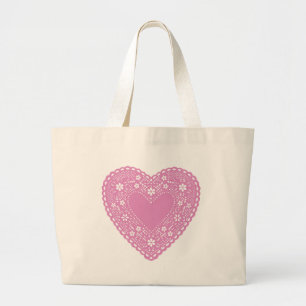 Pink Lace Heart Grote Tote Bag