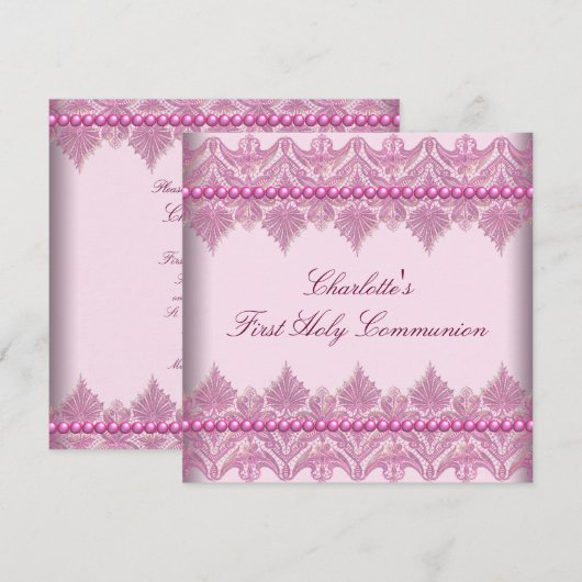 Pink Lace Parels Meisjes Roze 1e Communie Kaart (Voorkant / Achterkant)