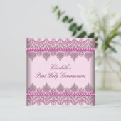 Pink Lace Parels Meisjes Roze 1e Communie Kaart (Staand voorkant)