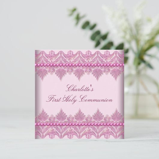 Pink Lace Parels Meisjes Roze 1e Communie Kaart (Staand voorkant)