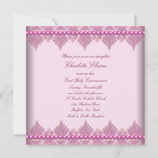 Pink Lace Parels Meisjes Roze 1e Communie Kaart (Achterkant)