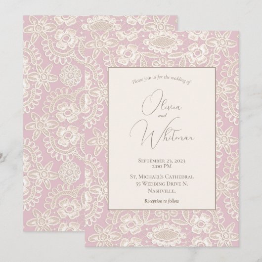 Pink Lace Wedding Invitations Kaart (Voorkant / Achterkant)