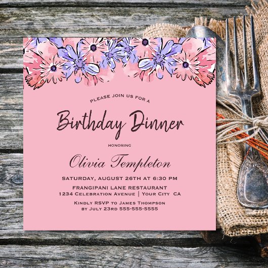 Pink Lavender Floral Birthday Dinner Party Kaart