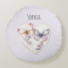 Pink Lavender Floral Heart Butterflies Birthday Rond Kussen