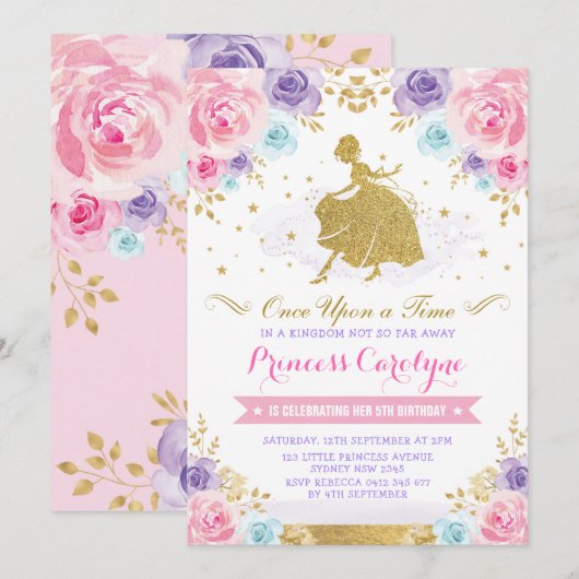 Pink Lavender Gold Princess Cinderella Birthday Kaart (Voorkant / Achterkant)