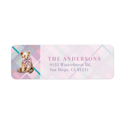 Pink & Lavender Plaid Teddy Bear Retouradres Etiket (Voorkant)