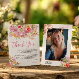 Pink Lavender Watercolor Floral Photo Graduation Bedankkaart