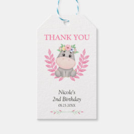 Pink Leaf Schattige Hippo Floral Birthday Dank u Cadeaulabel