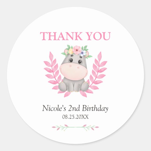 Pink Leaf Schattige Hippo Floral Birthday Dank u Ronde Sticker (Voorkant)