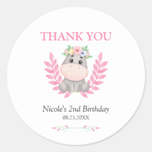 Pink Leaf Schattige Hippo Floral Birthday Dank u Ronde Sticker
