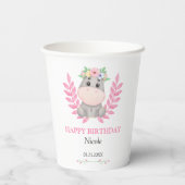 Pink Leaf Schattige Hippo Floral Happy Birthday Papieren Bekers (Achterkant)