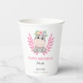 Pink Leaf Schattige Hippo Floral Happy Birthday Papieren Bekers