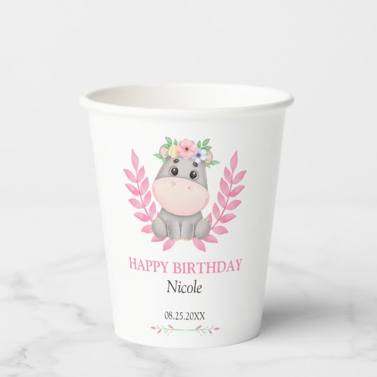 Pink Leaf Schattige Hippo Floral Happy Birthday Papieren Bekers (Voorkant)