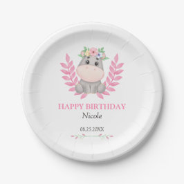 Pink Leaf Schattige Hippo Floral Happy Birthday Papieren Bordje