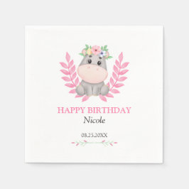 Pink Leaf Schattige Hippo Floral Happy Birthday Servet