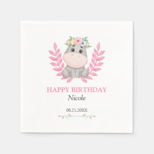 Pink Leaf Schattige Hippo Floral Happy Birthday Servet