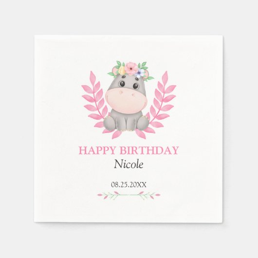Pink Leaf Schattige Hippo Floral Happy Birthday Servet (Voorkant)