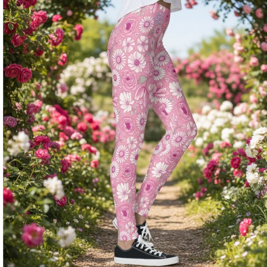 Pink leggings with white rose and daisy pattern
