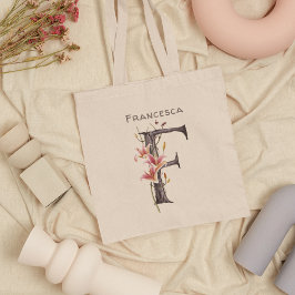 Pink Lelies Monogram Letter F Aangepaste naam Tote Bag