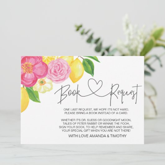 Pink Lemon Floral Baby shower Boek Aanvraag Kaarte Kaart (Staand voorkant)