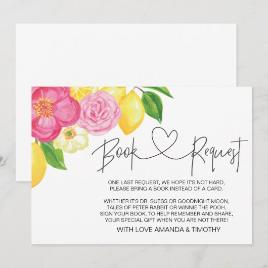 Pink Lemon Floral Baby shower Boek Aanvraag Kaarte Kaart (Voorkant / Achterkant)