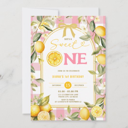 Pink Lemon Gingham Sweet One 1st Birthday Kaart (Voorkant)