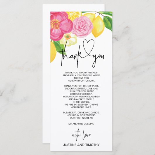 Pink Lemon Spring Wedding Bedankt Tafel Instelling Menu (Voorkant / Achterkant)