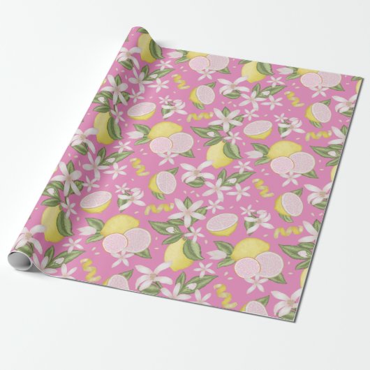 Pink Lemon Verjaardag Party Wrapping Paper Cadeaupapier (Uitgerold)