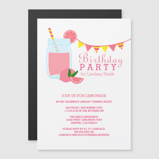 Pink Lemonade Birthday Party Magnetische Uitnodiging (Voorkant / Achterkant)