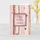 Pink Leopard Animal Stripes Hearts Blush Birthday Kaart (Gele Bloem)