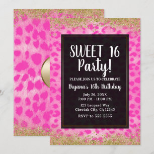Pink Leopard Cheetah Gold Glitter Birthday Party Kaart
