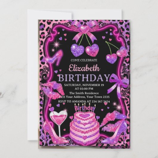 Pink Leopard Cherry Birthday Invitation Kaart (Voorkant)