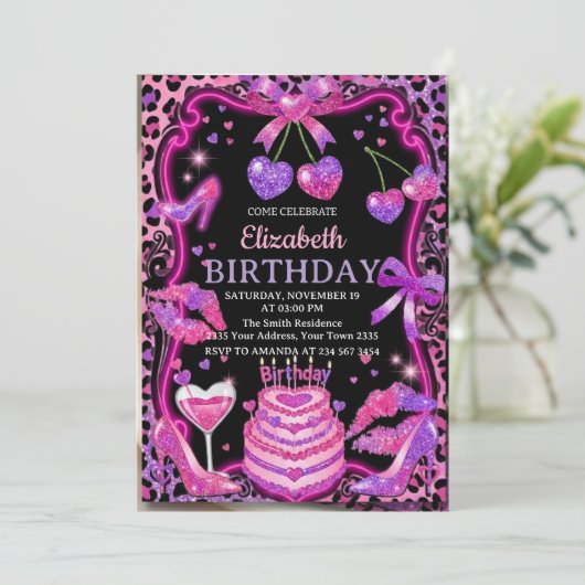 Pink Leopard Cherry Birthday Invitation Kaart (Staand voorkant)